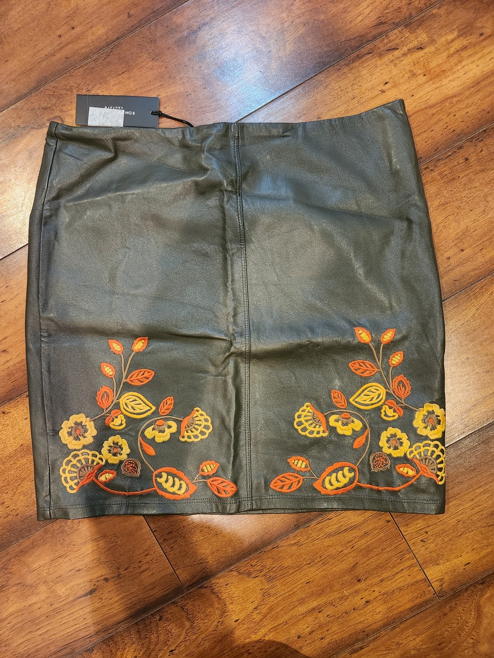 Green Faux Leather Mini Skirt with Orange & Yellow Floral Embroidery